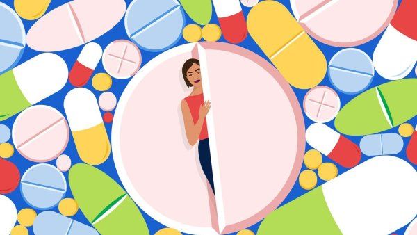 A woman stepping out from a split pill, framed by a collage of colorful medications.