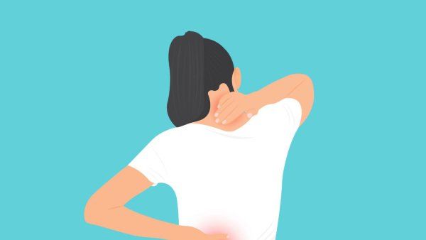 Animated woman holds upper and lower back in pain.