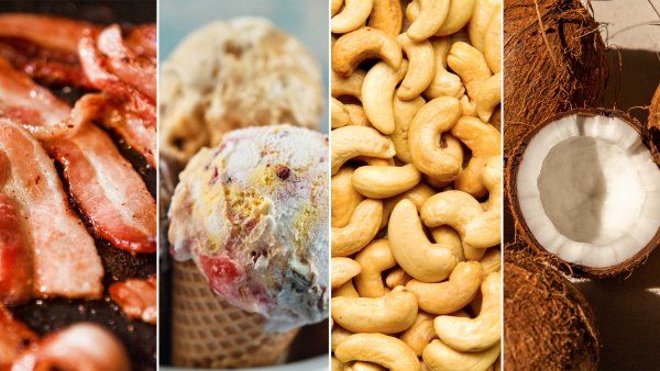 A composite photo showing foods with saturated fat, like bacon, ice cream, cashews, and coconut.
