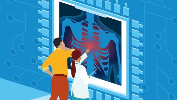 An illustration showing the concept of health diagnostics, where two people look at an xray on a wall with motifs of microchips.