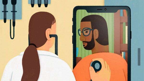 Illustration of a doctor in an office reaching through a phone screen and holding a stethoscope on the back of a patient in the phone.