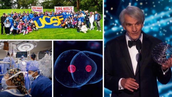 A composite image of different important events at U C S F in 2025, including AIDS walk, surgical procedures, scientific research, and Stephen Hauser receiving the Breakthrough Prize.