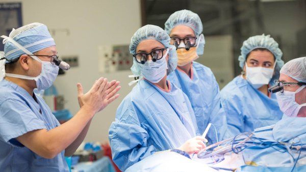 Group of surgeons look at lead medic during intensive surgery.