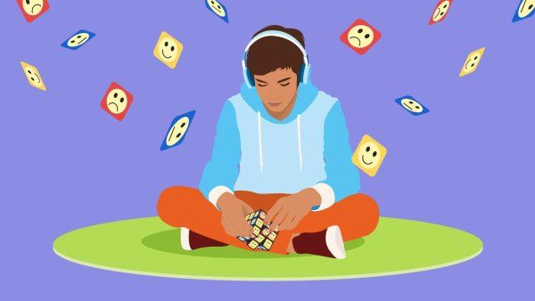 Illustration of a young person with headphones sitting and solving a Rubik's Cube with emoticon faces, with floating emotion tiles surrounding them, suggesting a theme of kids' behavioral health.