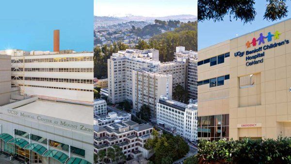 A composite image of the U C S F Medical Centers at Mount Zion, Parnassus Heights, and Mission Bay.