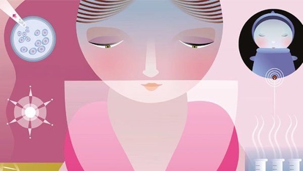 Illustration of a woman looking down, surrounded by elements associated with in-vitro fertilization or IVF.