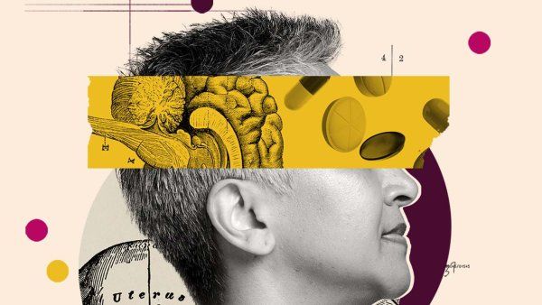 Collage-style photo illustration of the profile portrait of a short-haired person facing right, overlaid with a yellow band across the eyes showing an anatomical brain drawing and floating pills; behind the head are vintage medical illustrations and abstract colored circles on a pale background.