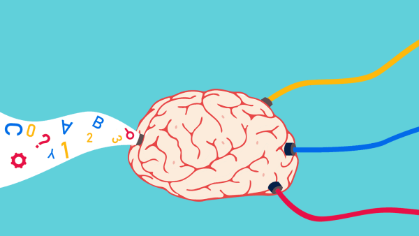 A graphic illustration showing the concept of learning, where letters, numbers, and symbols are entering a brain.