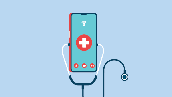 A conceptual illustration depciting digital health, where a smartphone wears a stethoscope.