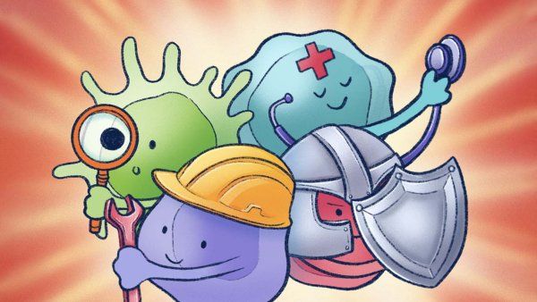Illustrated cartoon of four friendly immune-system characters posed like a superhero team: a green germ detective holding a magnifying glass, a purple cell with a wrench and yellow hard hat, a blue medical cell with a red cross using a stethoscope, and a red armored cell with a shield, all against a radiant orange background.