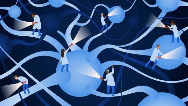 A conceptual illustration of neurodegenerative disease, showing scientists probing around large neurons with flashlights.
