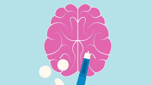 A graphic illustration showing a brain and G L P 1 drugs, conveying that G L P 1s have an effect on neurological health.