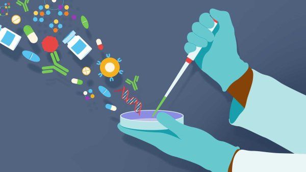 Conceptual illustration showing a hand injecting material onto a petri dish. Medications flow out of the petri dish, signaling to how research helps develop therapies.