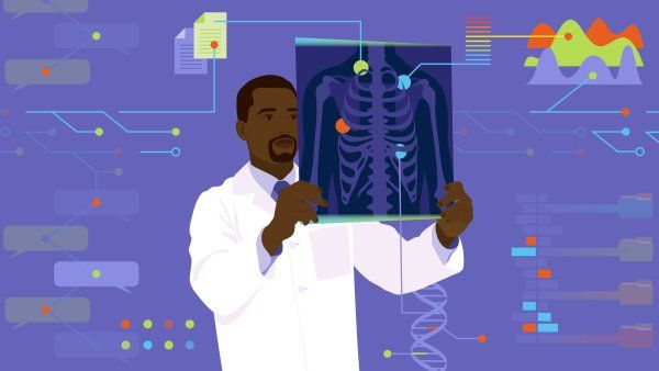 A digital illustration showing a doctor reading an x-ray, and surrounded by conceptual motifs of technology and data.