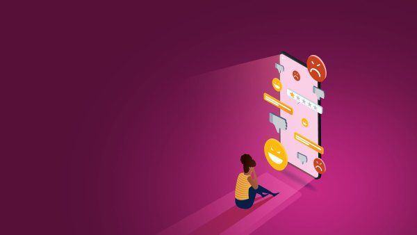 A graphic illustration depcting the concept of depression caused by social media, where a young girl sits dejectedly in front of a large phone displaying social media notifications.