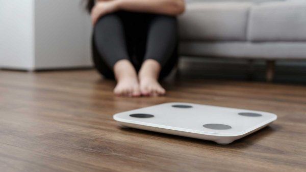 A depressed woman sits in front of a scale.