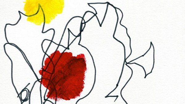 A drawing of a red circle with a yellow circle above it and scribbled black lines.