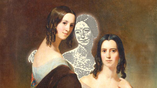 Two women with long curly hair and draped clothing pose beside a third figure created from black and white ASCII code text characters in a classical painting style.