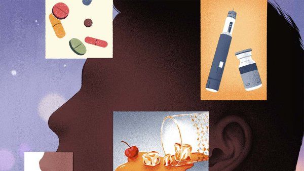 A stylized illustration of the side profile of a person with floating images around the head showing pills, a GLP-1 injector pen and medicine bottle, spilled alcoholic drink with ice cubes and a cherry, and a lit cigarette emitting smoke.