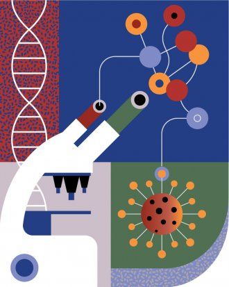 Illustration of a microscope and coronavirus.