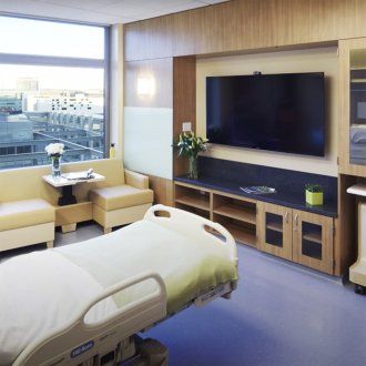 A patient room in the hospital with a large window, hospital bed, and flat screen TV