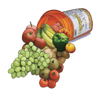 Illustration of a prescription pill bottle with fruit and vegetables flowing out of it.