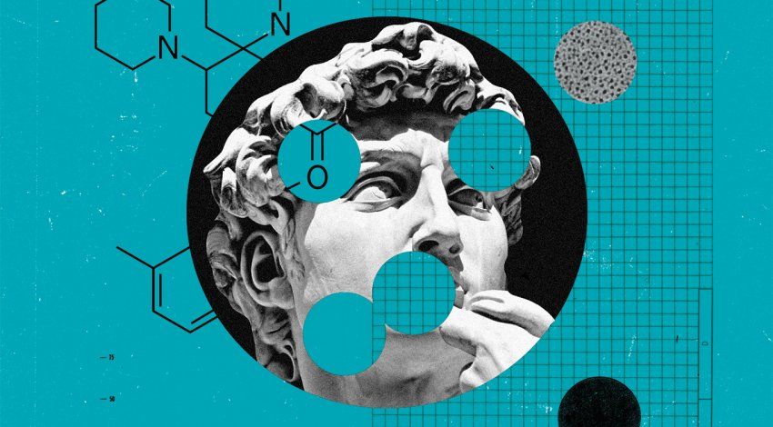 Photo illustration of Michelangelo's David with circle cut-outs of cell imagery, molecule formations, and grid pattern.