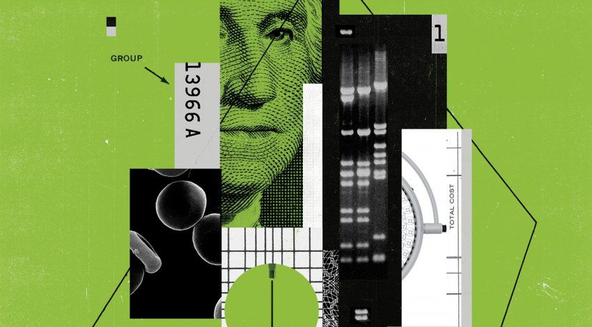 Conceptual photo illustration of cut-outs of George Washington on the dollar bill, cells, hypodermic needs, grids, lines, boxes, number, and pills.