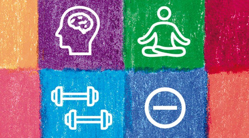 Illustration of a patchwork of colors; in the color patches are 4 icons, clockwise from top left: a head with a brain, a person meditating, two dumbbell weights, a minus sign in a circle.
