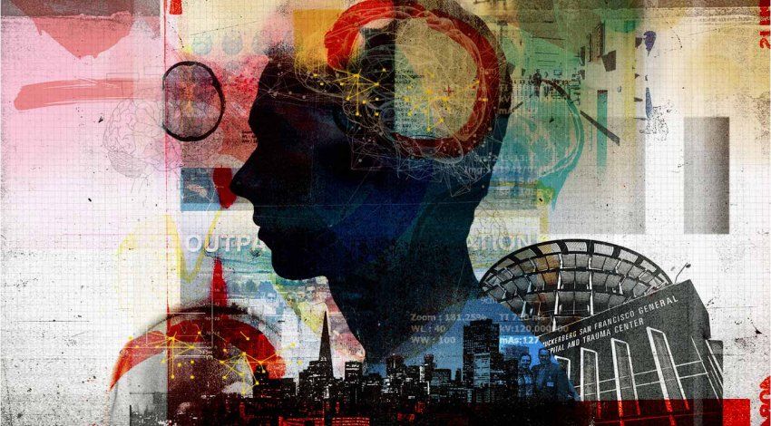Photo collage shows a silhouetted profile of a young man, brain scans cover the top of his head; the background is filled with colorful brain scans and the San Francisco skyline and the Zuckerberg San Francisco General Hospital Trauma Center.