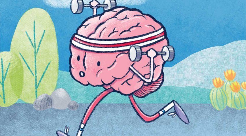 Cartoon of an anthropomorphic brain running and lifting weights. 