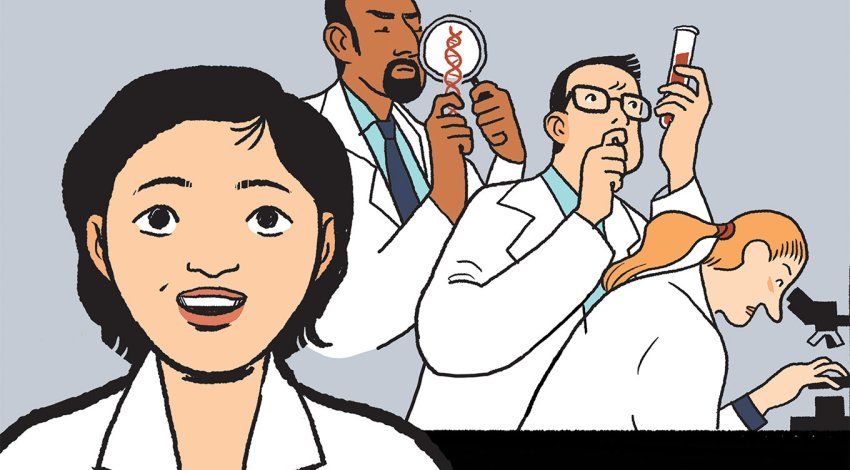 Comic-style illustration of a female doctor in the foreground, and three scientists in the background examining specimens with a microscope, test tube, and magnifying glass.