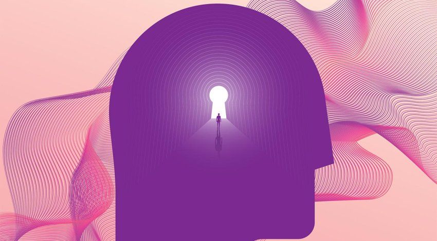 Illustration of a silhouette of a human head. Inside a person walks through a keyhole shaped door.