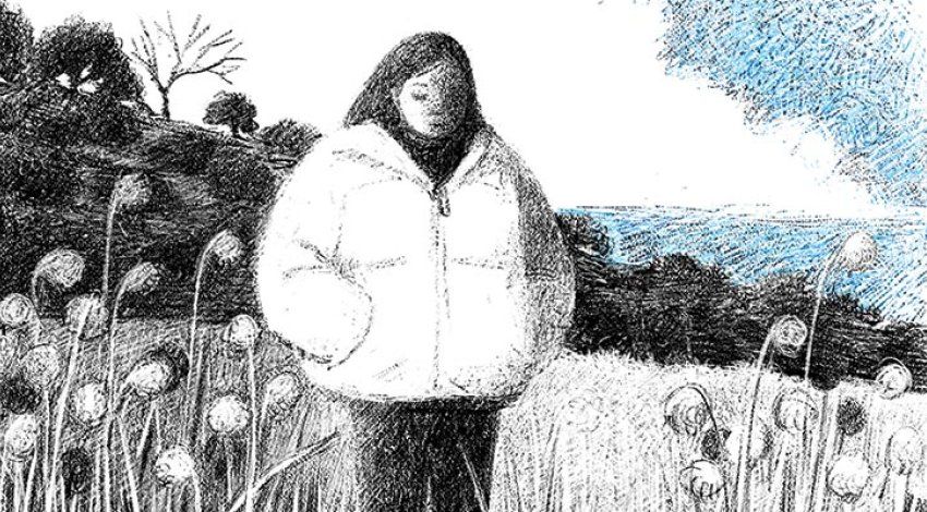 Illustration of a woman in a puffy winter coat standing by a pond.