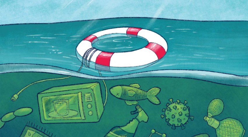 Illustration of a life preserver floating on the surface of calm waters; below the surface the water is murky and filled with “toxic” items like a microwave, perfume bottle, and house cleaner.