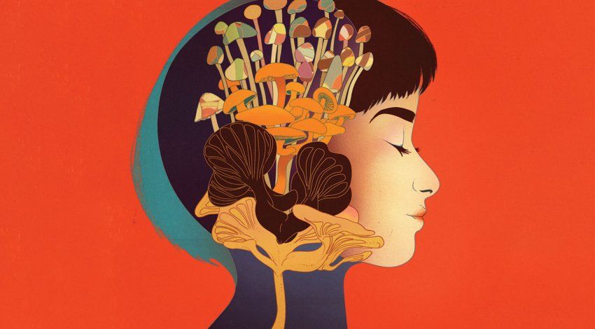 Illustration of a silhouette of a woman with mushrooms blooming in her mind.