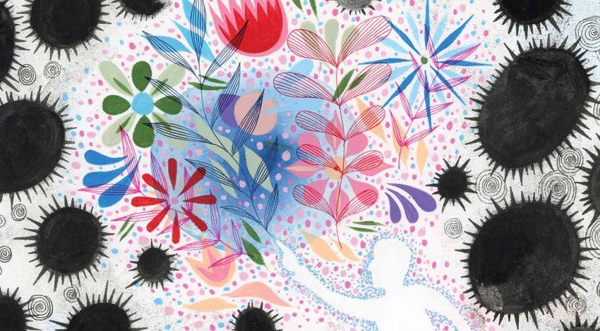 Illustration of dark, ominous cells, with a person breaking through with growing flowers.