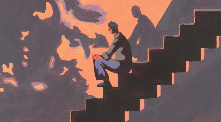 Painted illustration of an older man sitting on a staircase, his head leaning down, with shadows of trees in the background.