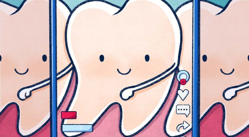 Illustration of a cute teeth doing the "flossing" dance behind a cell phone with TikTok engagement meters.