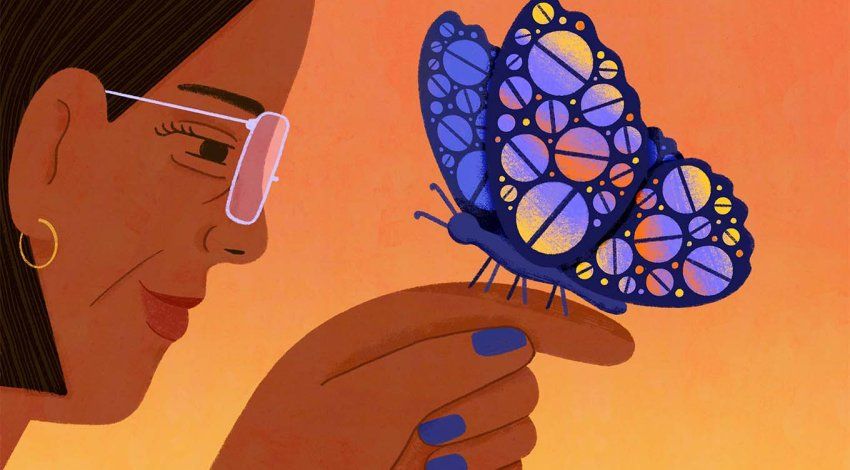 Illustration of an woman with glasses with a butterfly perched on her finger. The butterfly’s wings are patterned with purple, pink, and yellow pills.
