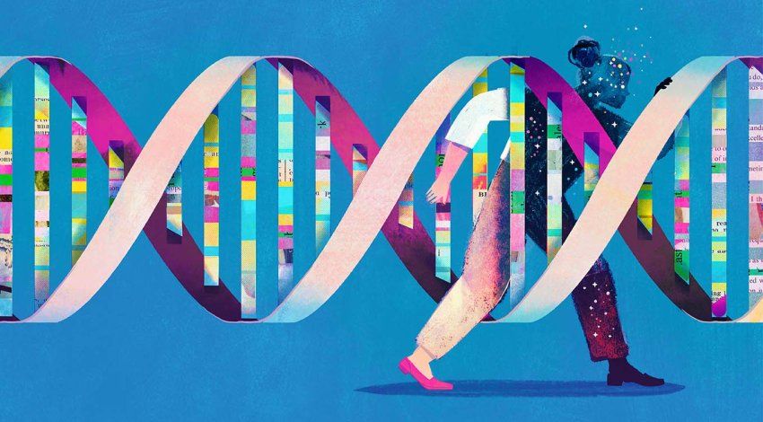 Illustration of a DNA double helix with a woman stepping through the bars. The side of her that has stepped through the bars is a darkened silhouette with stardust coming off of her.