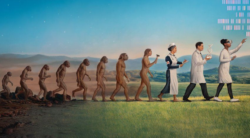 Painting depicts the evolution of man from ape to human, with several side profile figures walking in a line in front of a blue sky and grassy day landscape. The figures are apes, hominids, a Neanderthal, and humans. The first human is nude and holds a primitive tool; the following human is a female, early 20th-century nurse; the next is a man in a white doctor's coat, holding a model of a DNA double-helix; the final human is a woman wearing modern clothes and a virtual reality headset.