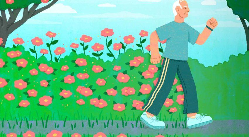 Illustration of an older person with white hair walking along a path surrounded by pink flowers and greenery under a blue sky.