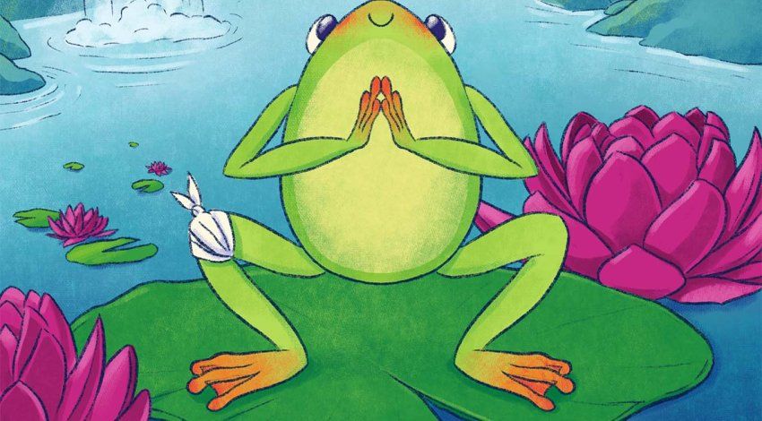 A cartoon frog squats on a lily pad, with hands together in a meditative pose. A bandage is on its knee.