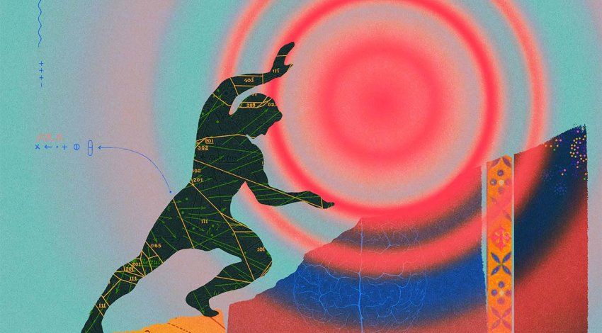 Collage-style illustration of the silhouette of a man pushing a pulsating red dot up a mountain. Collaged diagrams of brains make up the mountain.