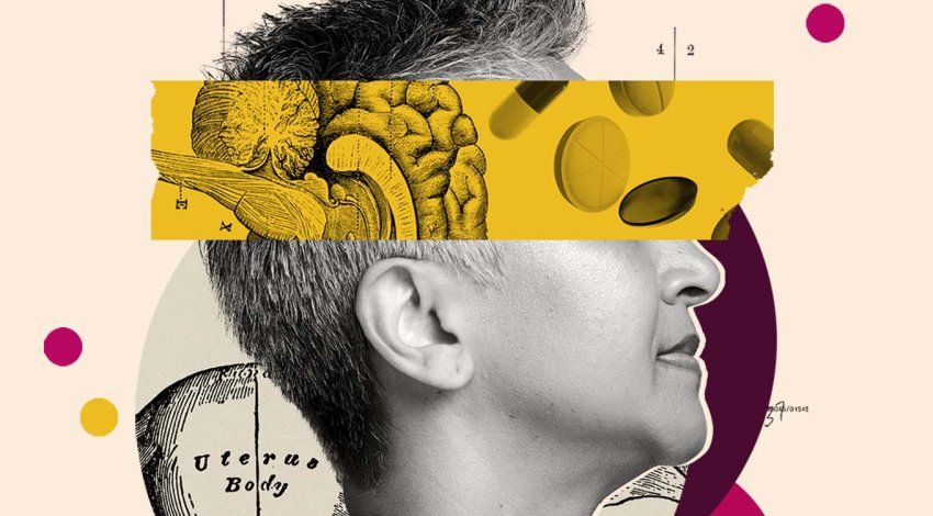Collage-style photo illustration of the profile portrait of a short-haired person facing right, overlaid with a yellow band across the eyes showing an anatomical brain drawing and floating pills; behind the head are vintage medical illustrations and abstract colored circles on a pale background.