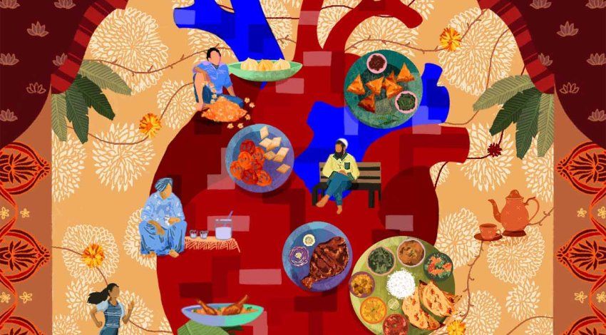 Illustration with South Asian motifs and patterns; an anatomical heart outline sits in the center with South Asian foods and people overlaid; figures include a woman running, a man sitting with spices, a older woman in traditional clothing with jars, and a man on a bench.