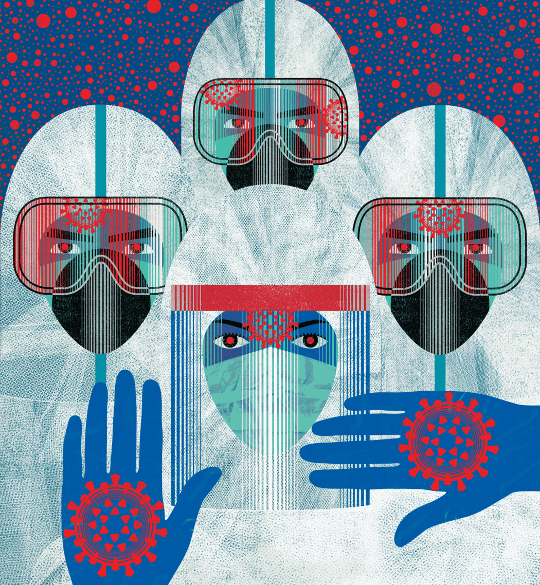Illustration of four frontline health care workers in PPE, face masks, goggles, face shields, and gloves, with a COVID symbol on their hands.