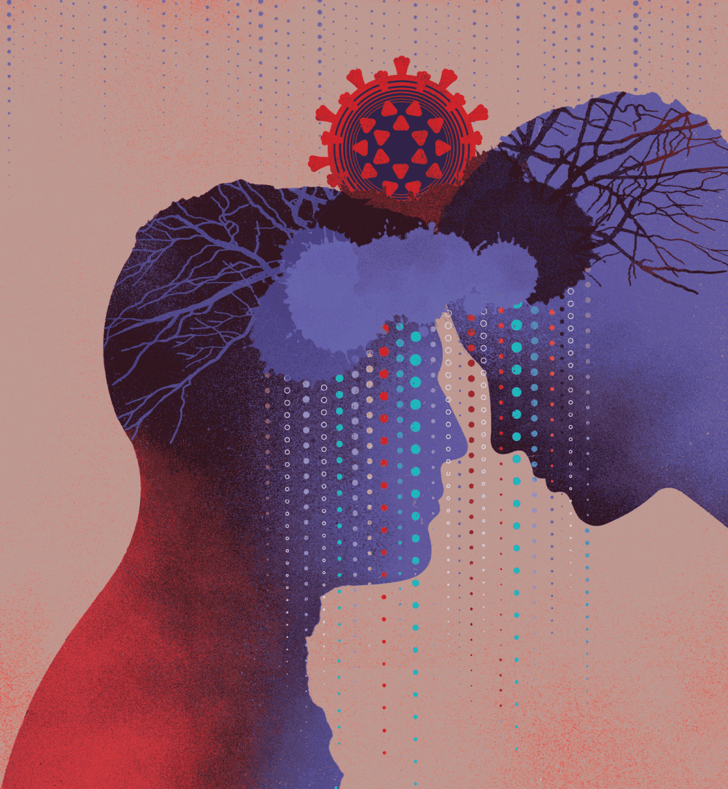 Illustration of silhouettes of two people touching foreheads, with a coronavirus symbol above them.