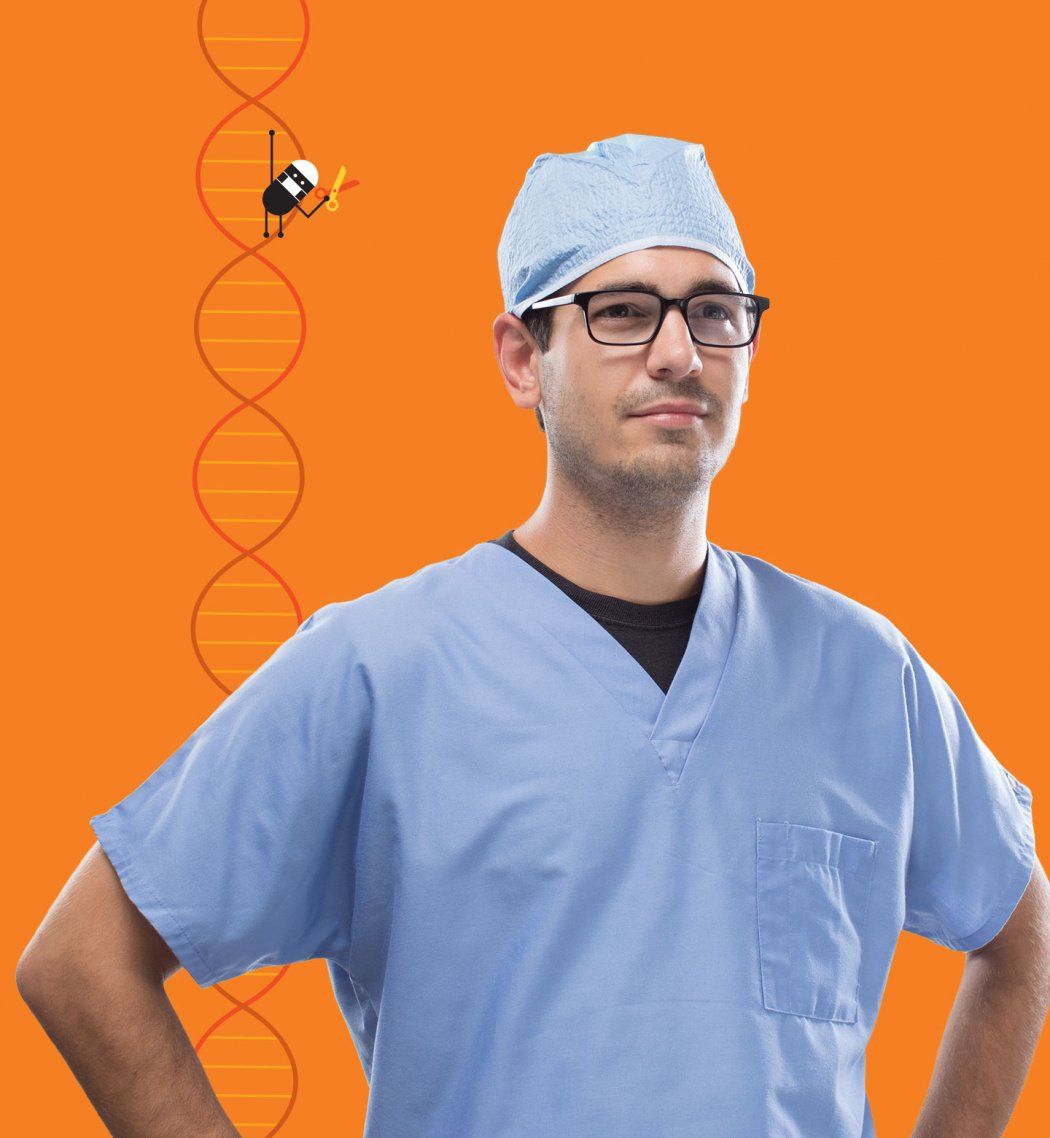 Portrait of Theo Roth, MD-PhD, in blue surgeon scrubs in front of an orange background; over his right shoulder is an illustrated double helix DNA strand with a little black oval shaped cartoon in a surgeon cap and mask holding scissors, hanging from the double helix.